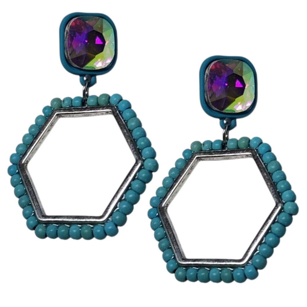 Beaded turquoise Teal Hexagon gem earrings